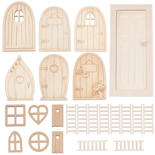 OLYCRAFT Miniature Wooden Door and Window Set - 23 Pieces for Dollhouse DIY
