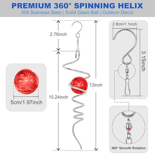 OMCCHK 13-Inch Red Crystal Glass Gazing Ball Wind Spinner with Stainless Steel Spiral Tail, Weatherproof Outdoor Garden Decor