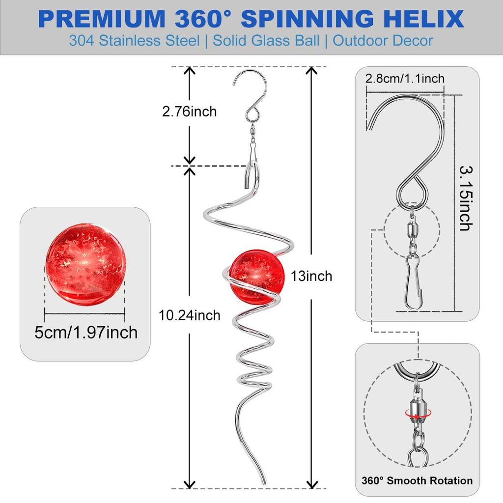 OMCCHK 13-Inch Red Crystal Glass Gazing Ball Wind Spinner with Stainless Steel Spiral Tail, Weatherproof Outdoor Garden Decor