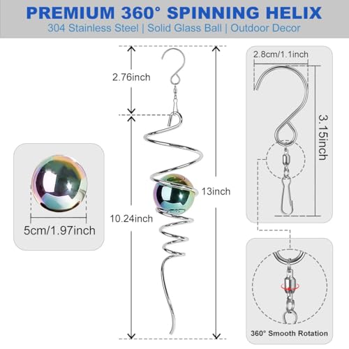 OMCCHK 13-Inch Stainless Steel Gazing Ball Spiral Wind Spinner – Multicolor Optical Illusion for Garden Patio