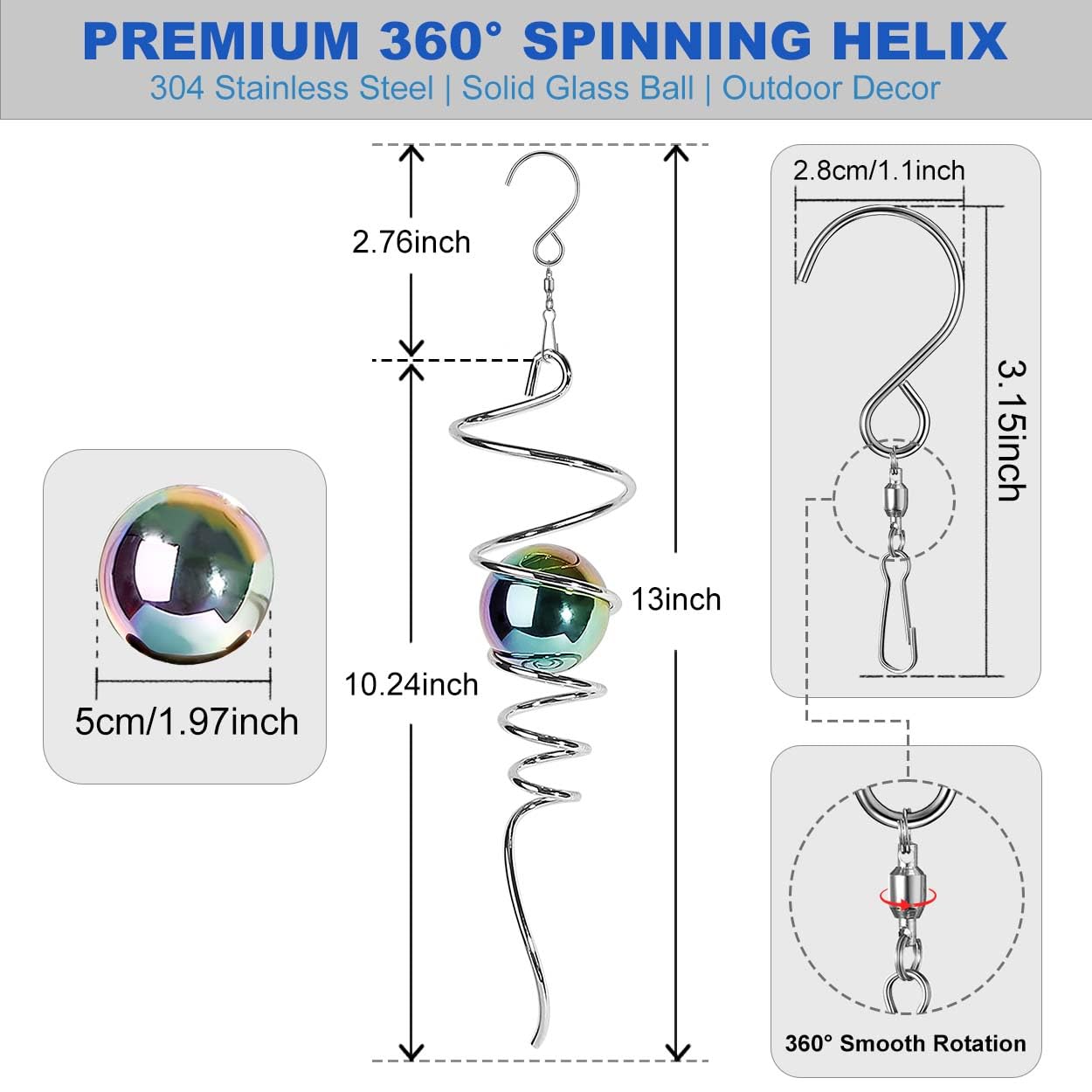 OMCCHK 13-Inch Stainless Steel Gazing Ball Spiral Wind Spinner – Multicolor Optical Illusion for Garden Patio