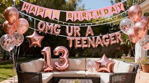 OMG UR A Teenager 13th Birthday Decorations Kit – Rose Gold Balloons, Banner & Star Foil for Girls