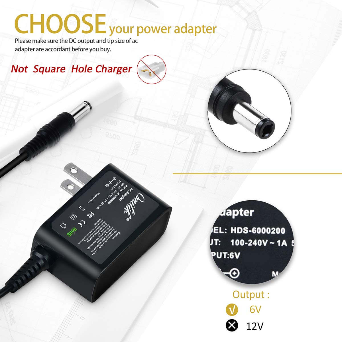 Omilik 6V Ride-On Car Battery Charger with Barrel Plug for Dynacraft Toys - UL/CE/ROHS Certified, 6ft Cord