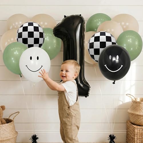One Happy Dude 1st Birthday Balloon Kit – Sage Green Black White with Checkerboard & Smiley Face Foil Balloons