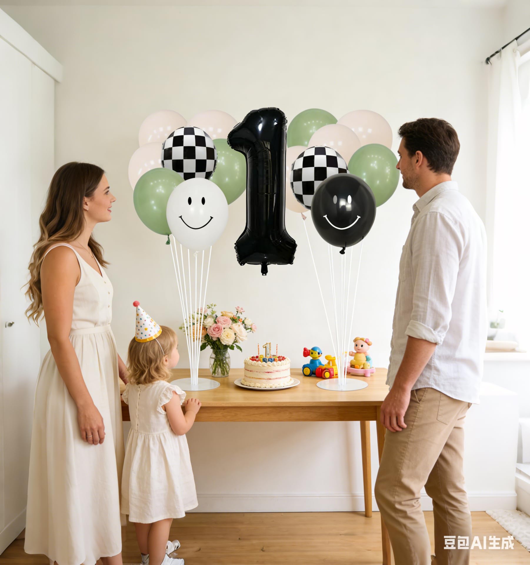 One Happy Dude 1st Birthday Balloon Kit – Sage Green Black White with Checkerboard & Smiley Face Foil Balloons