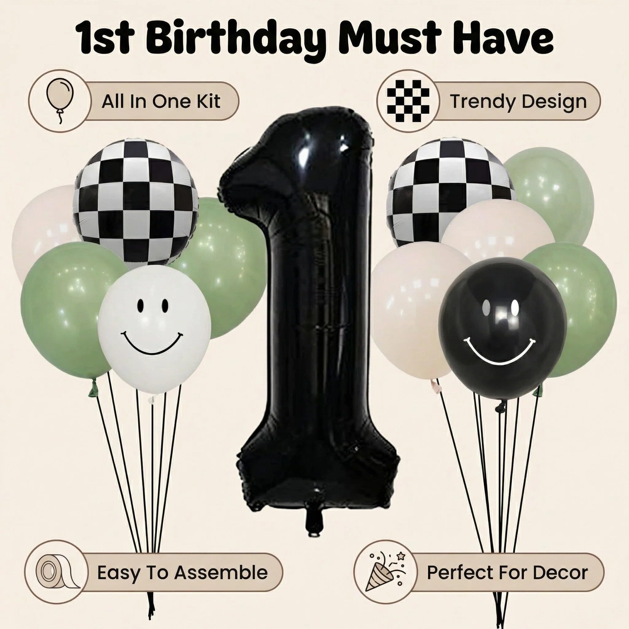 One Happy Dude 1st Birthday Balloon Kit – Sage Green Black White with Checkerboard & Smiley Face Foil Balloons