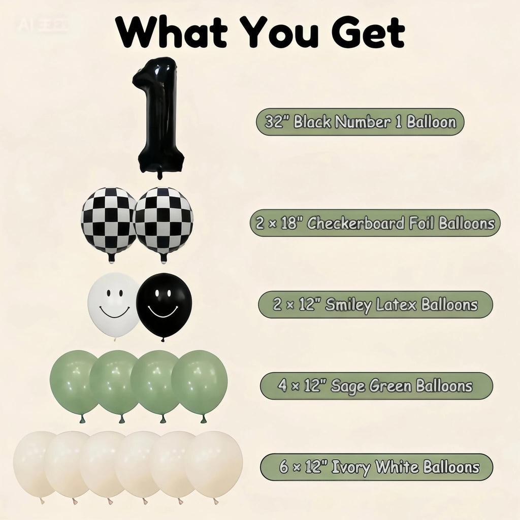 One Happy Dude 1st Birthday Balloon Kit – Sage Green Black White with Checkerboard & Smiley Face Foil Balloons