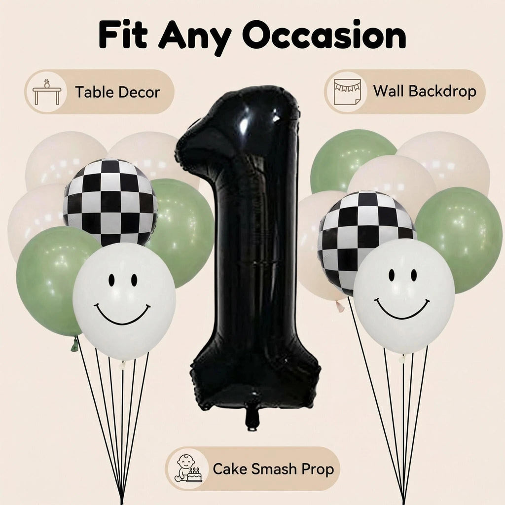 One Happy Dude 1st Birthday Balloon Kit – Sage Green Black White with Checkerboard & Smiley Face Foil Balloons