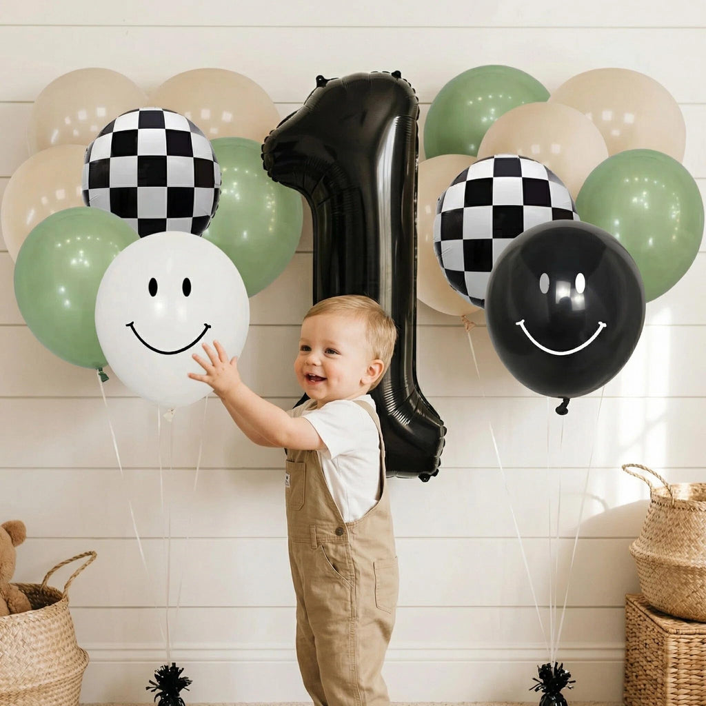 One Happy Dude 1st Birthday Balloon Kit – Sage Green Black White with Checkerboard & Smiley Face Foil Balloons