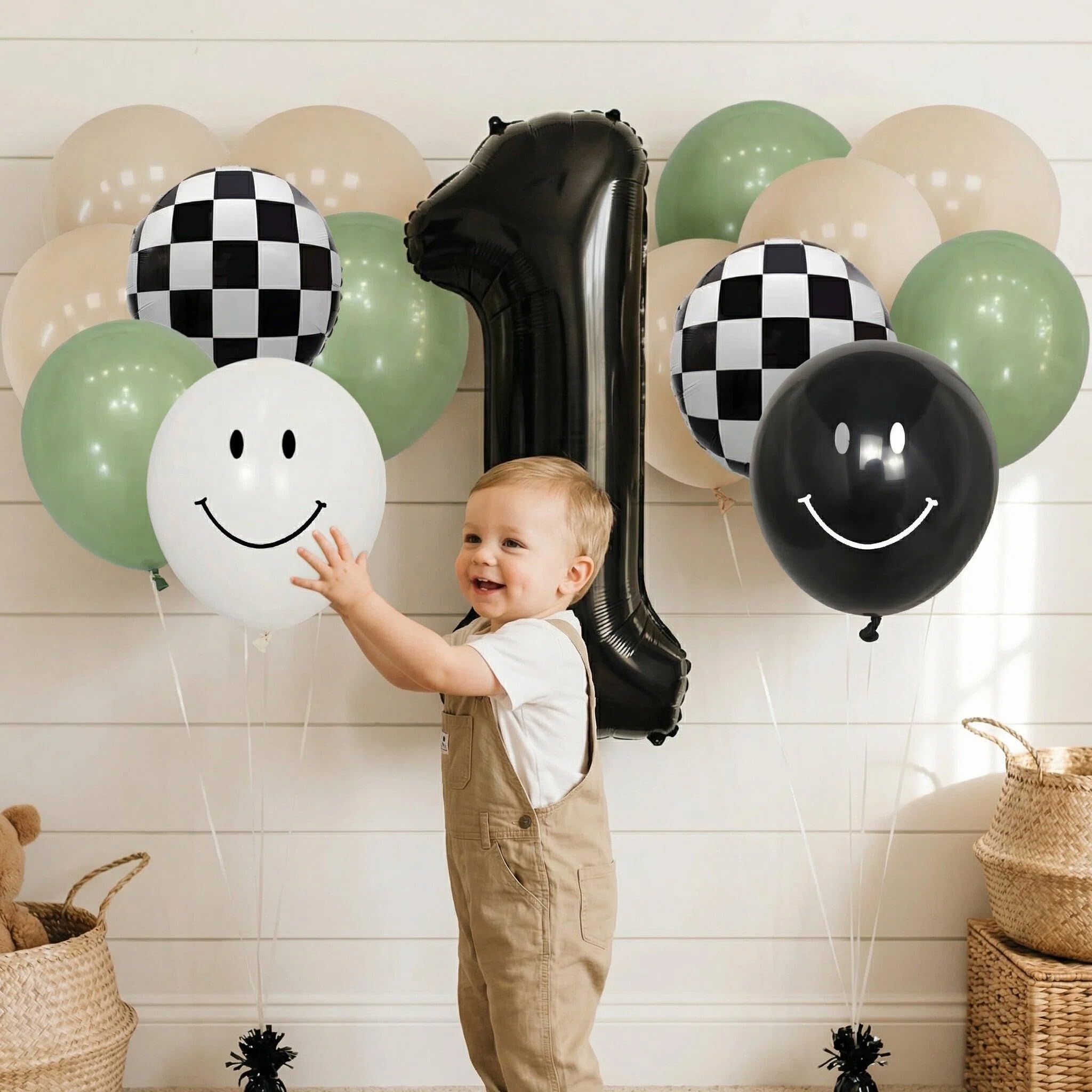 One Happy Dude 1st Birthday Balloon Kit – Sage Green Black White with Checkerboard & Smiley Face Foil Balloons