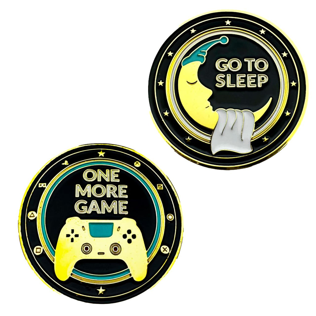 One More Game vs. Go to Sleep Flip Coin – Brass Gamer Decision Coin, Gold & Black Enamel, 40mm Collectible Token