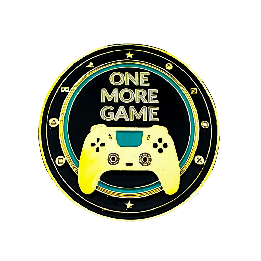 One More Game vs. Go to Sleep Flip Coin – Brass Gamer Decision Coin, Gold & Black Enamel, 40mm Collectible Token