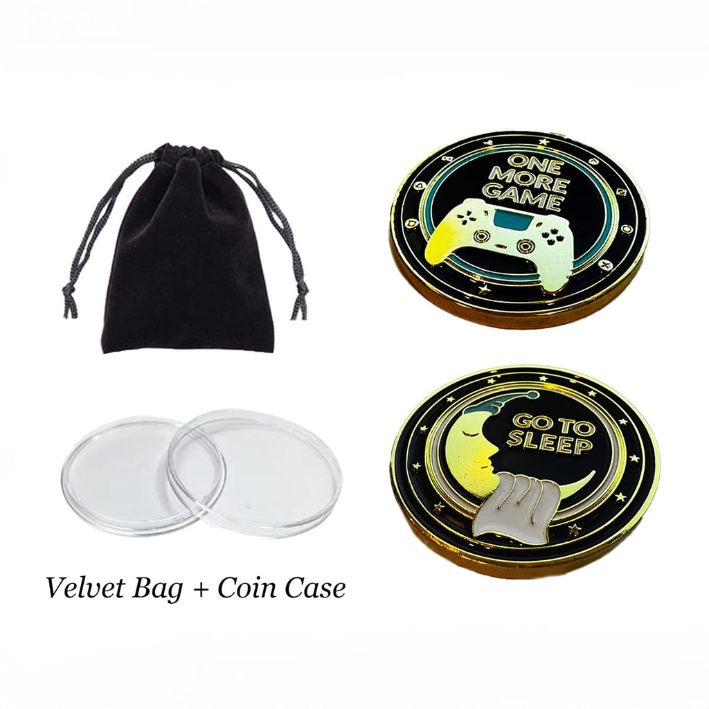 One More Game vs. Go to Sleep Flip Coin – Brass Gamer Decision Coin, Gold & Black Enamel, 40mm Collectible Token