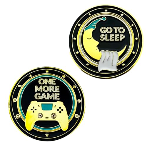 One More Game vs. Go to Sleep Flip Coin – Brass Gamer Decision Coin, Gold & Black Enamel, 40mm Collectible Token