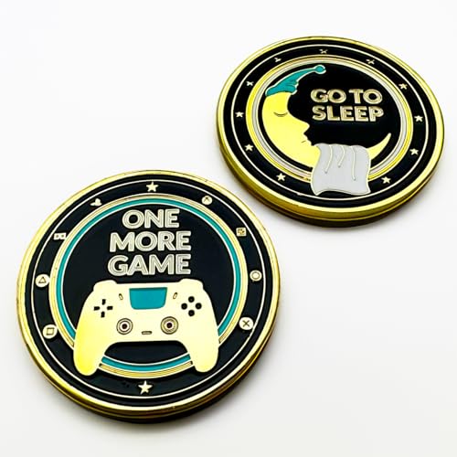 One More Game vs. Go to Sleep Flip Coin – Brass Gamer Decision Coin, Gold & Black Enamel, 40mm Collectible Token