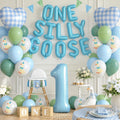 One Silly Goose 1st Birthday Balloon Set – Blue Green White Latex & Foil Decorations for Boys