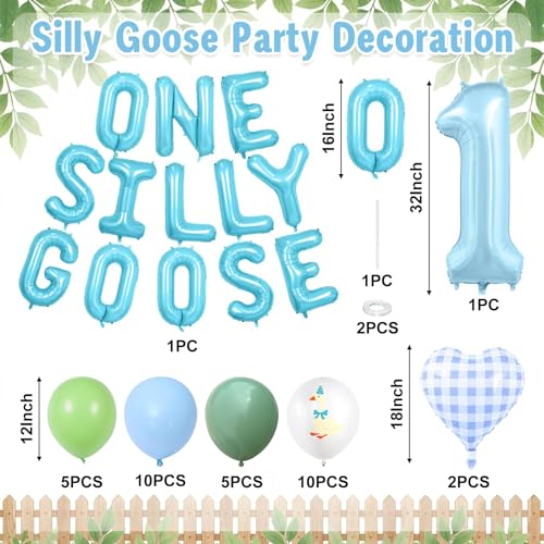 One Silly Goose 1st Birthday Balloon Set – Blue Green White Latex & Foil Decorations for Boys