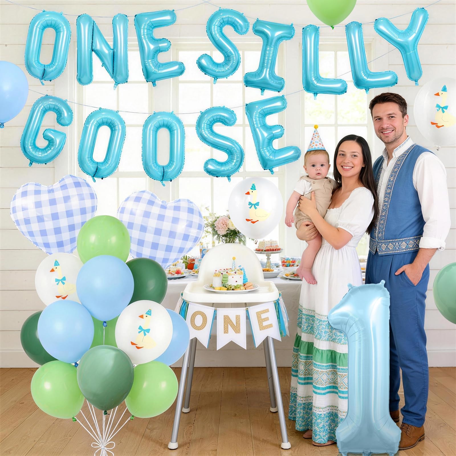 One Silly Goose 1st Birthday Balloon Set – Blue Green White Latex & Foil Decorations for Boys