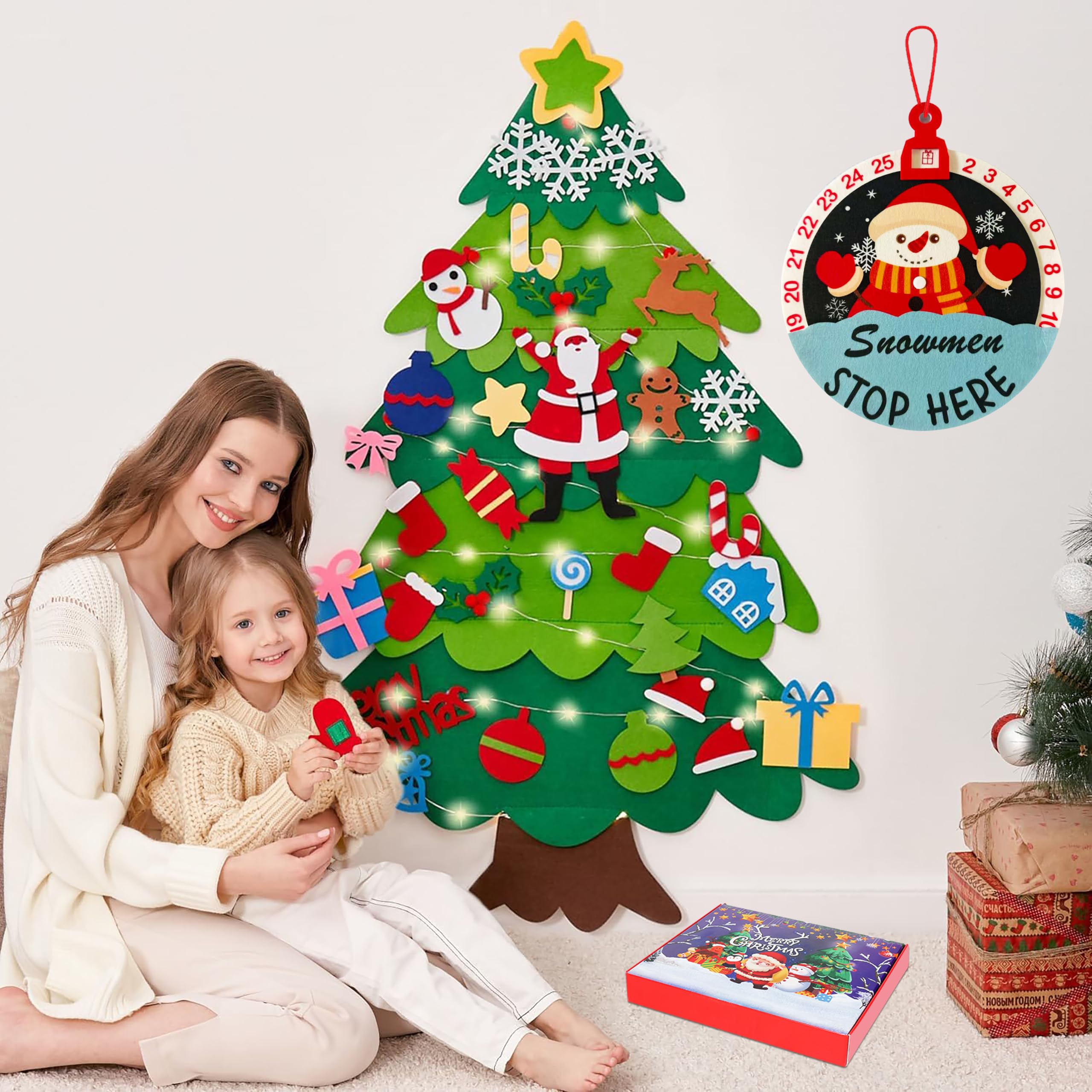 Onekka DIY Felt Christmas Tree for Toddlers – 32 Ornaments + Snowman Advent Calendar & Lights (3.2 ft)