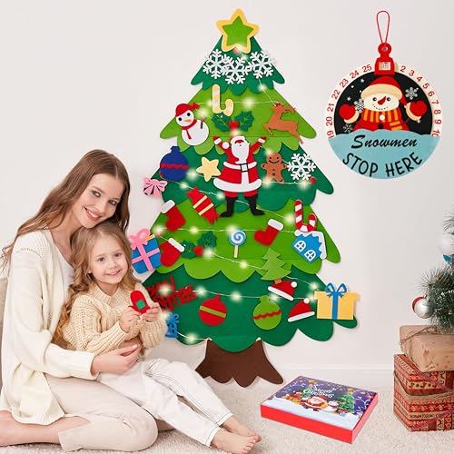 Onekka DIY Felt Christmas Tree for Toddlers – 32 Ornaments + Snowman Advent Calendar & Lights (3.2 ft)