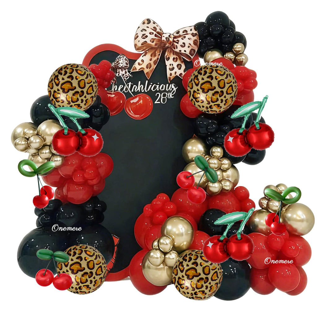 Onemere Cheetah Print Balloon Arch Kit – 185-Piece Red Black Gold Metallic & Foil Cherry Cheetah Balloons for Party Decor