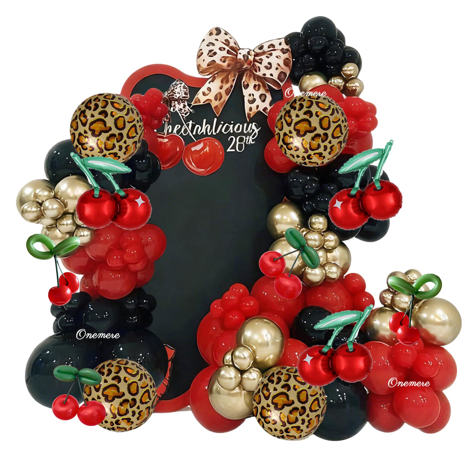 Onemere Cheetah Print Balloon Arch Kit – 185-Piece Red Black Gold Metallic & Foil Cherry Cheetah Balloons for Party Decor