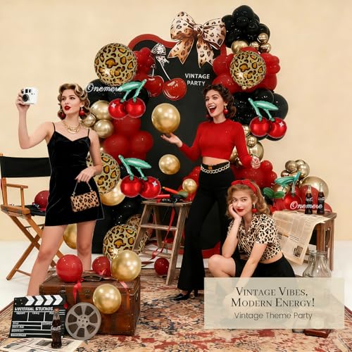Onemere Cheetah Print Balloon Arch Kit – 185-Piece Red Black Gold Metallic & Foil Cherry Cheetah Balloons for Party Decor