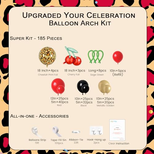 Onemere Cheetah Print Balloon Arch Kit – 185-Piece Red Black Gold Metallic & Foil Cherry Cheetah Balloons for Party Decor