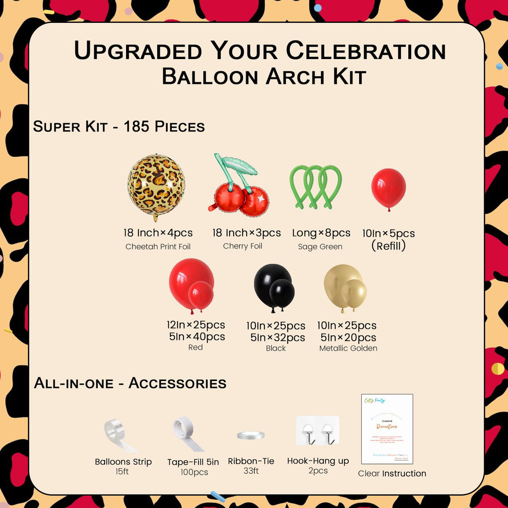Onemere Cheetah Print Balloon Arch Kit – 185-Piece Red Black Gold Metallic & Foil Cherry Cheetah Balloons for Party Decor
