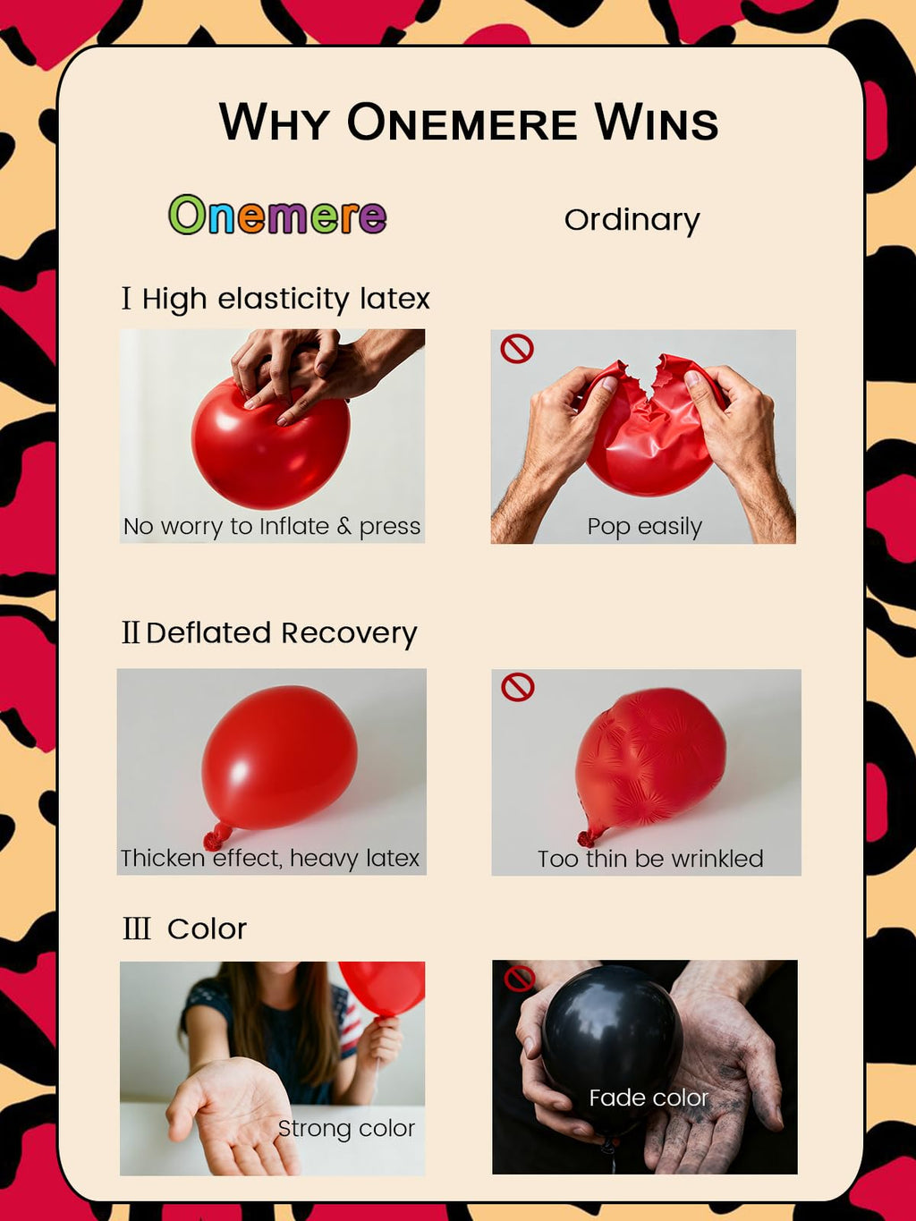 Onemere Cheetah Print Balloon Arch Kit – 185-Piece Red Black Gold Metallic & Foil Cherry Cheetah Balloons for Party Decor