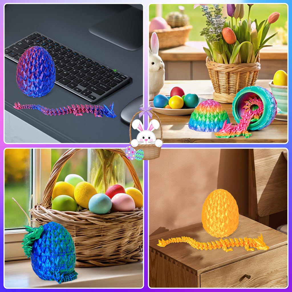 ONEVIVE 3D Printed Dragon Egg Toy (4 Pack) – Articulated Crystal Dragon Surprise, Fidget Sensory Toy for Easter Basket Stuffers & Party Favors