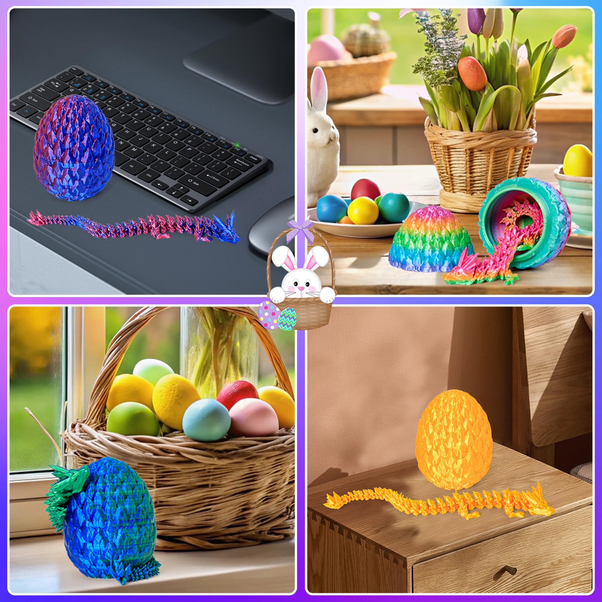 ONEVIVE 3D Printed Dragon Egg Toy (4 Pack) – Articulated Crystal Dragon Surprise, Fidget Sensory Toy for Easter Basket Stuffers & Party Favors