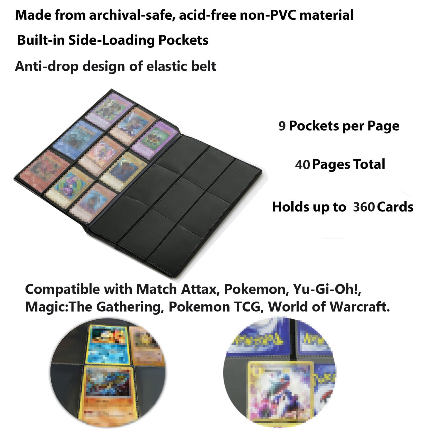 ONFUTAT 360-Pocket Trading Card Binder – Side-Loading Sleeves with Padded Protection, Black