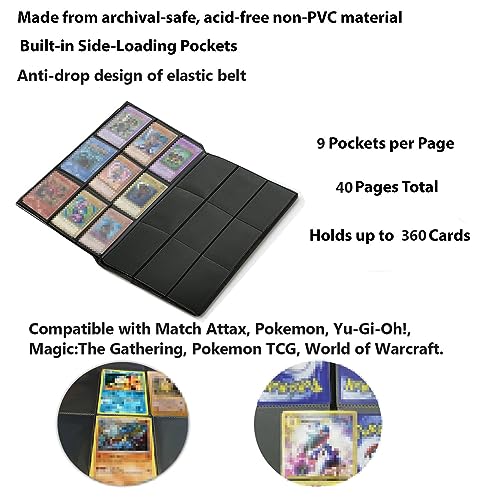 ONFUTAT 360-Pocket Trading Card Binder – Side-Loading Sleeves with Padded Protection, Black