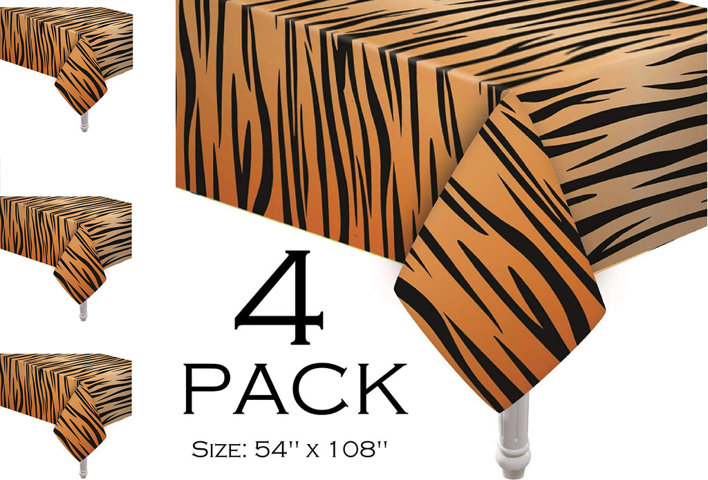 Oojami Tiger Safari Animal Print Tablecloth 4-Pack – Disposable Plastic, 54 x 108 Inches