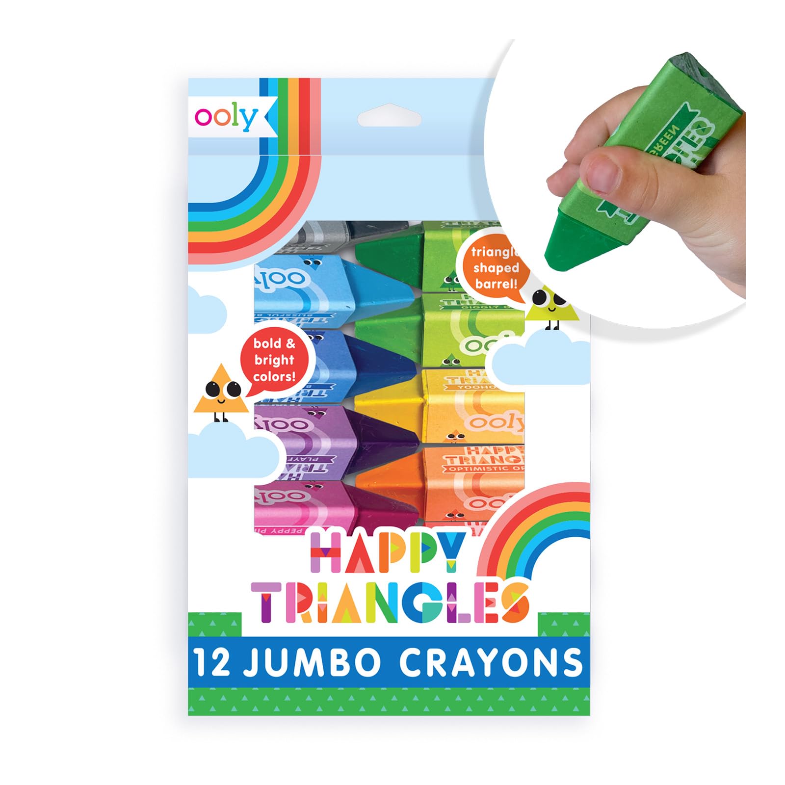Ooly Jumbo Triangle Crayons for Toddlers - Set of 12 Non-Toxic Easy-Grip Crayons, No Roll Design, Assorted Colors
