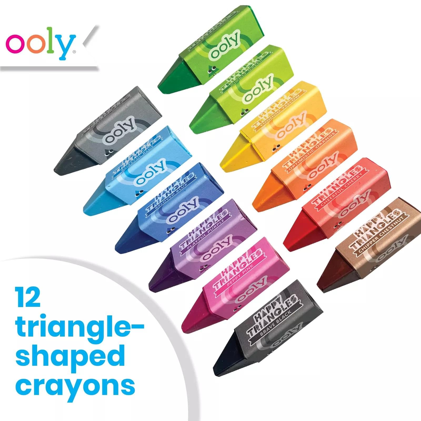 Ooly Jumbo Triangle Crayons for Toddlers - Set of 12 Non-Toxic Easy-Grip Crayons, No Roll Design, Assorted Colors