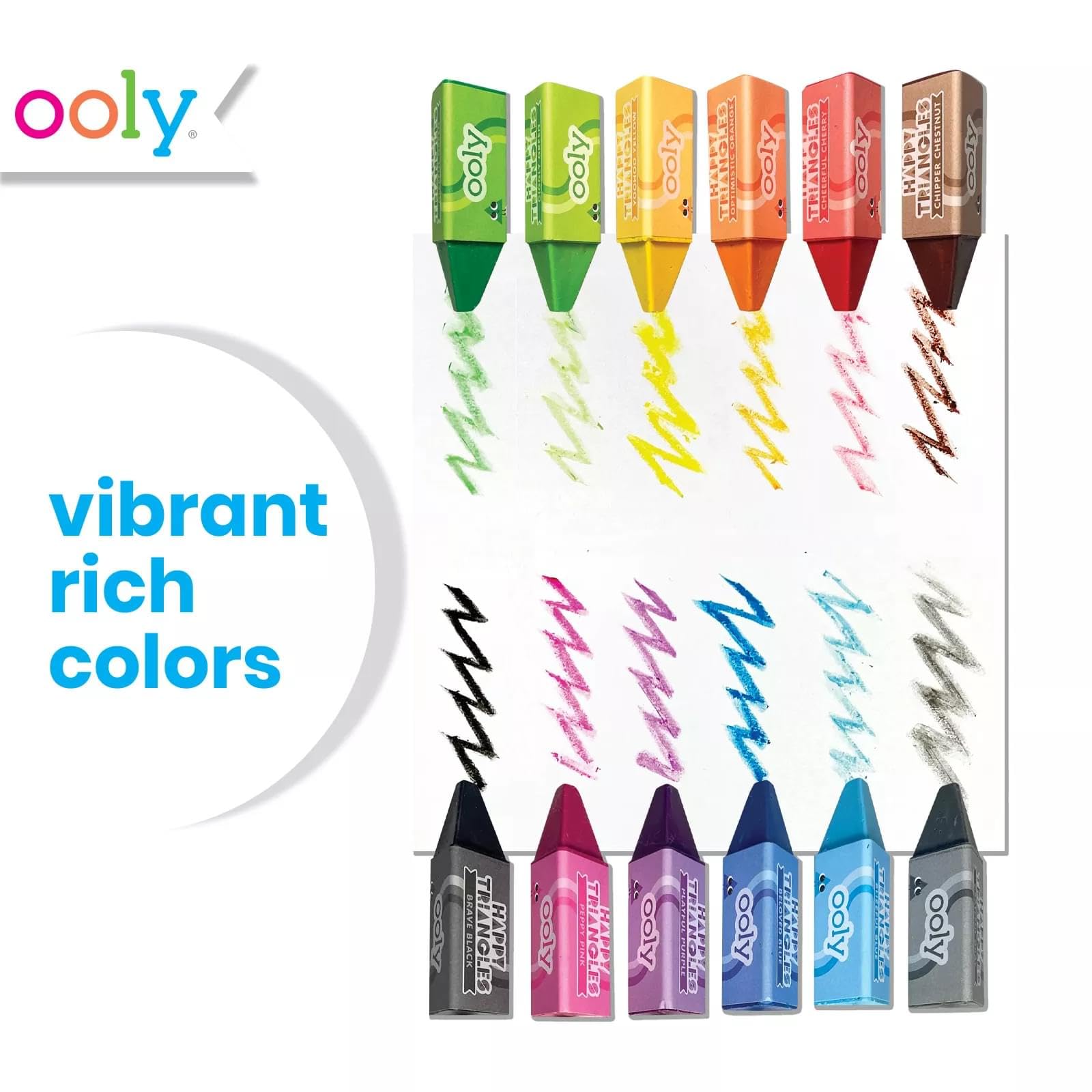 Ooly Jumbo Triangle Crayons for Toddlers - Set of 12 Non-Toxic Easy-Grip Crayons, No Roll Design, Assorted Colors