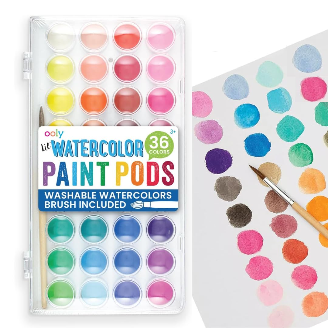Ooly Lil' Watercolor Set – 36 Washable Paint Pods with Brush and Portable Case
