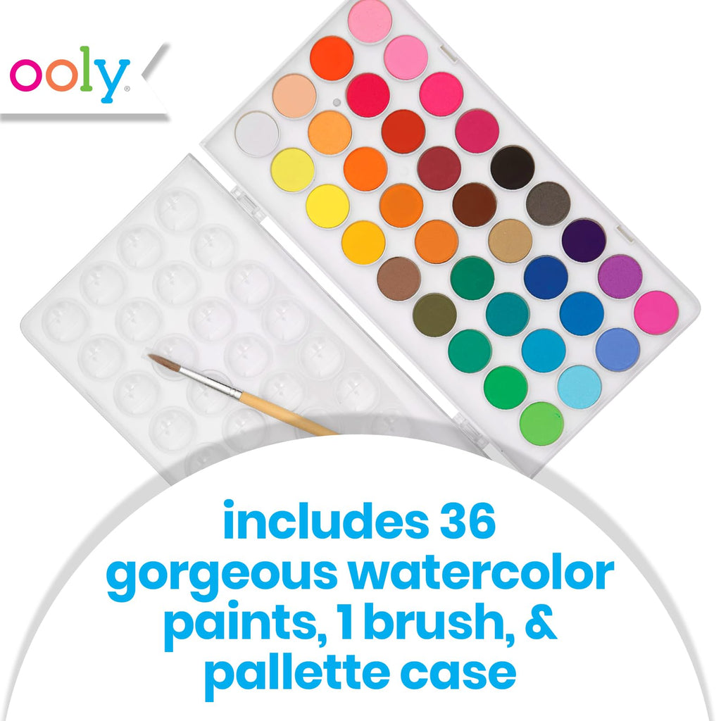 Ooly Lil' Watercolor Set – 36 Washable Paint Pods with Brush and Portable Case