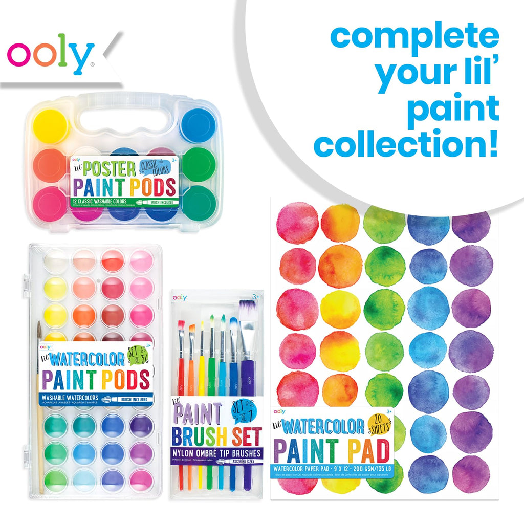 Ooly Lil' Watercolor Set – 36 Washable Paint Pods with Brush and Portable Case