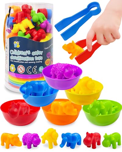 Oomloid Counting Animals Montessori Toy - 36 Pieces with Sorting Bowls & Tweezers for Ages 3-8
