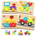 Oomloid Wooden Puzzles for Toddlers - 4 Vehicle Shape Montessori Learning Toys, Safe Non-Toxic Wood, Gift for Boys Girls