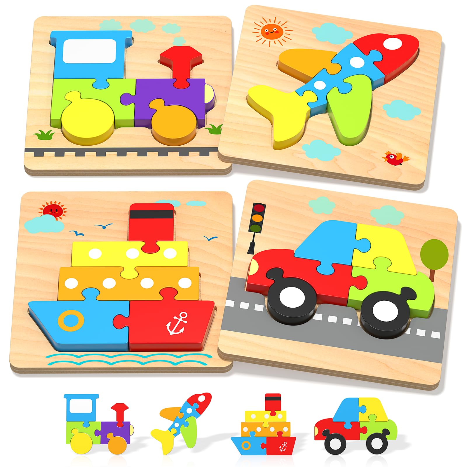 Oomloid Wooden Puzzles for Toddlers - 4 Vehicle Shape Montessori Learning Toys, Safe Non-Toxic Wood, Gift for Boys Girls