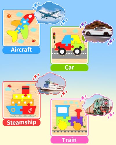 Oomloid Wooden Puzzles for Toddlers - 4 Vehicle Shape Montessori Learning Toys, Safe Non-Toxic Wood, Gift for Boys Girls