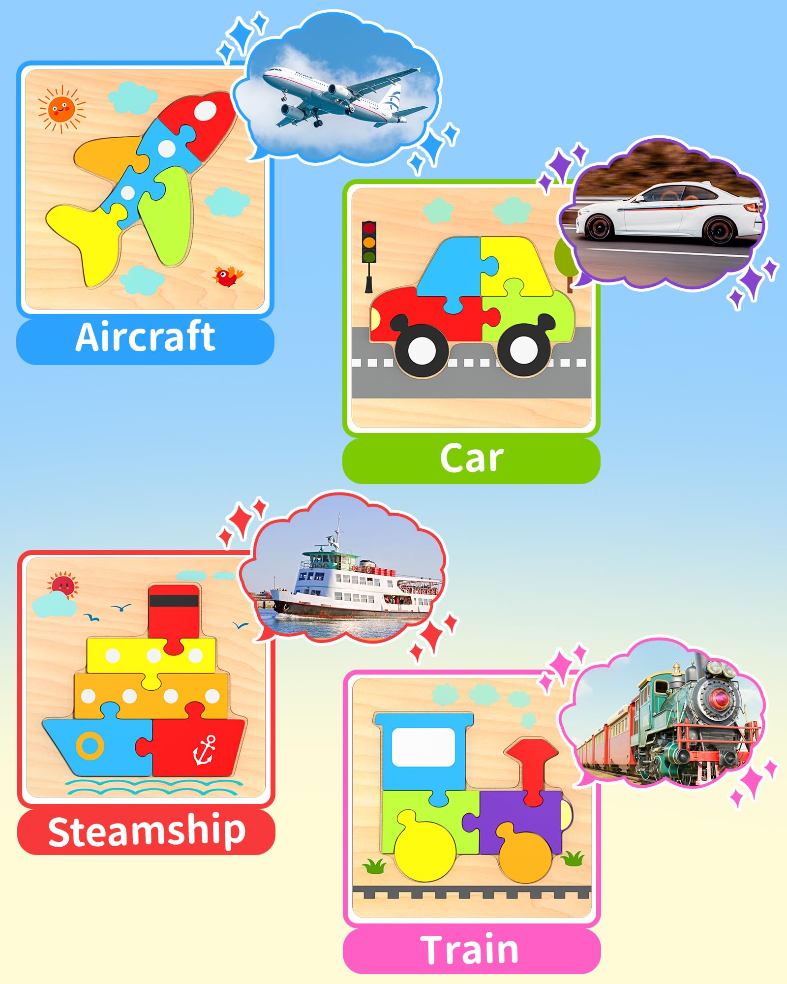 Oomloid Wooden Puzzles for Toddlers - 4 Vehicle Shape Montessori Learning Toys, Safe Non-Toxic Wood, Gift for Boys Girls
