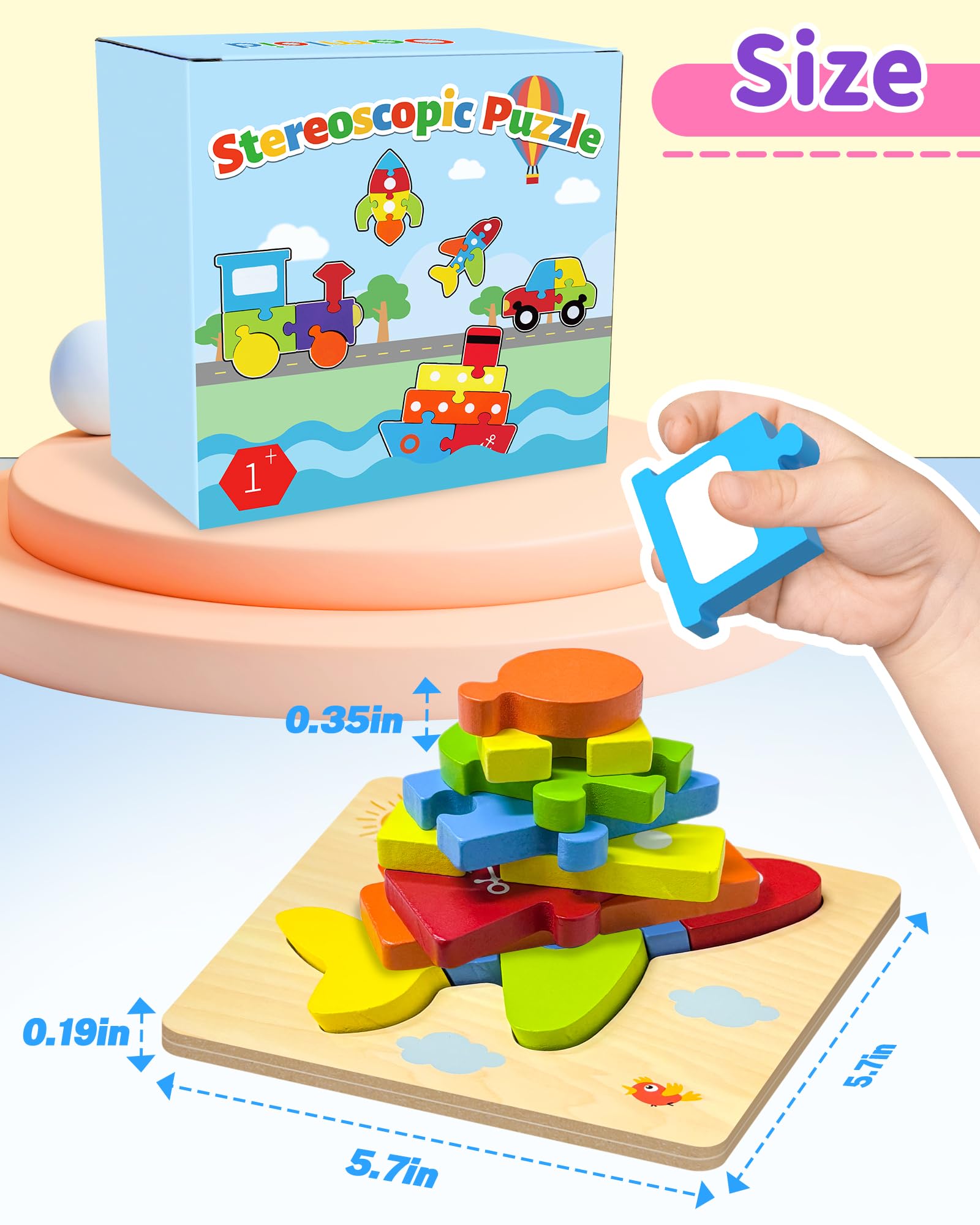 Oomloid Wooden Puzzles for Toddlers - 4 Vehicle Shape Montessori Learning Toys, Safe Non-Toxic Wood, Gift for Boys Girls