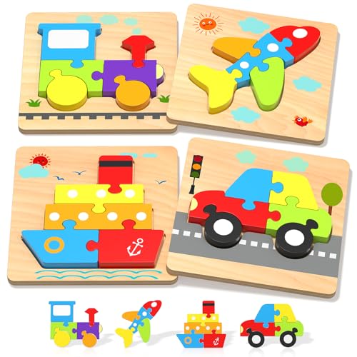 Oomloid Wooden Puzzles for Toddlers - 4 Vehicle Shape Montessori Learning Toys, Safe Non-Toxic Wood, Gift for Boys Girls