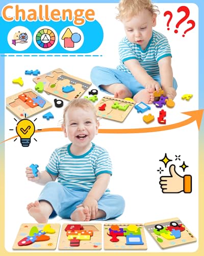 Oomloid Wooden Puzzles for Toddlers - 4 Vehicle Shape Montessori Learning Toys, Safe Non-Toxic Wood, Gift for Boys Girls