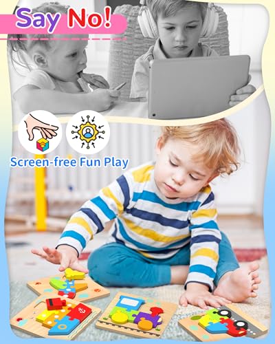 Oomloid Wooden Puzzles for Toddlers - 4 Vehicle Shape Montessori Learning Toys, Safe Non-Toxic Wood, Gift for Boys Girls